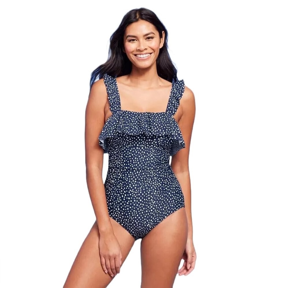 Women's Polka Dot Ruffle Shoulder One Piece Swimsuit L (12-14)